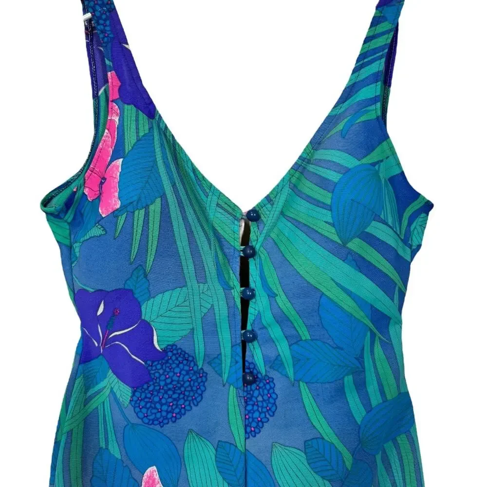 Vintage 1960s Cole Of California Swimsuit 16 One Piece Floral Print Blue Romper - Picture 2 of 7